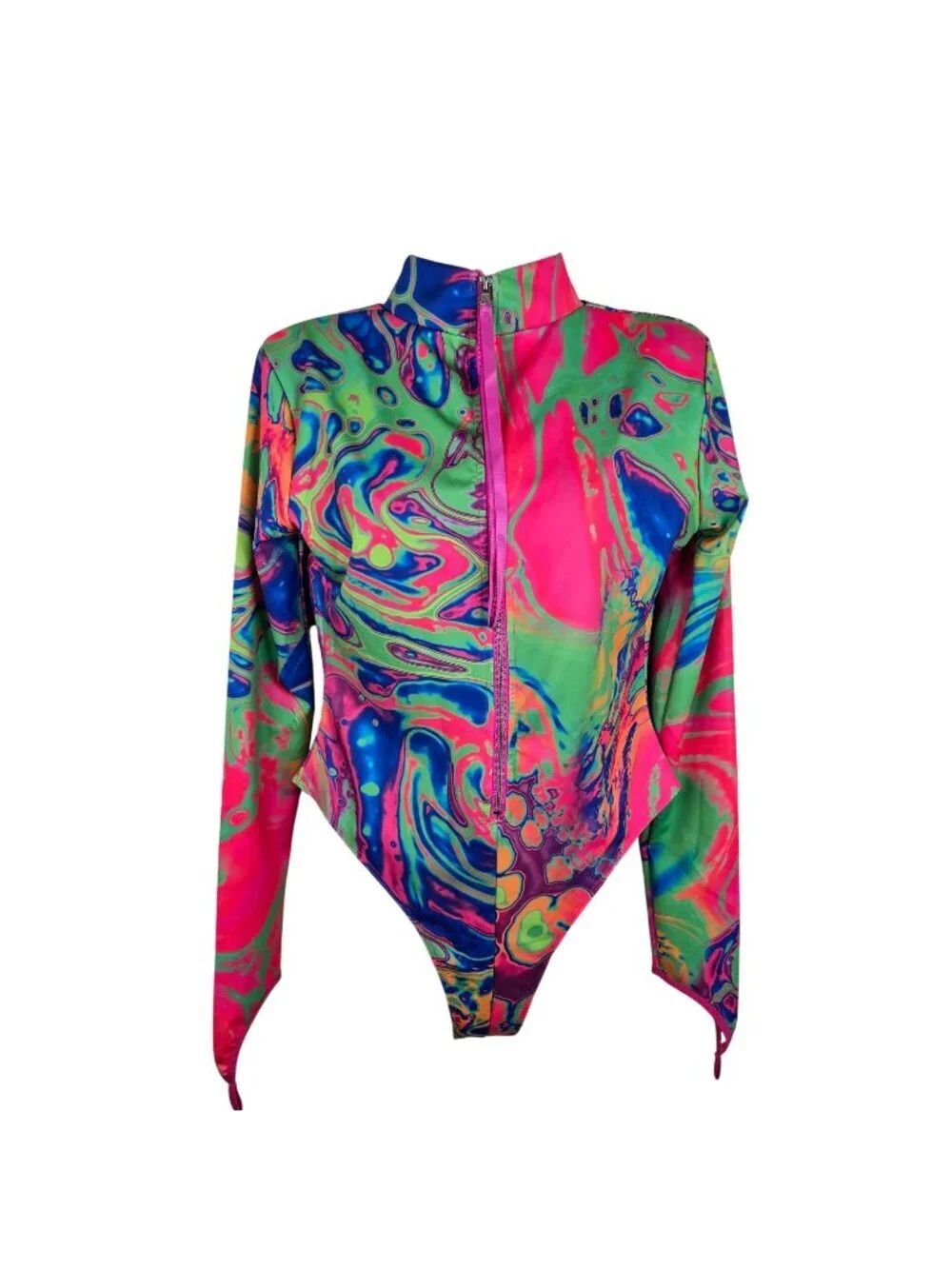 Club Exx Neon Swirl Acid Amoeba Bodysuit Size L DollsKill Rave Club Wear
